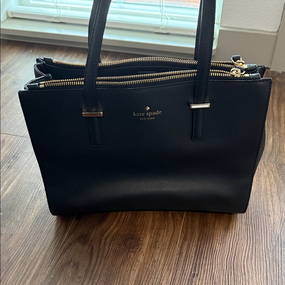 kate spade Black Triple-Zip Saffiano Tote with Gold Hardware
